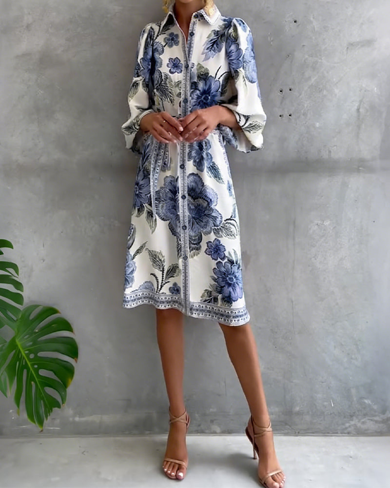 Moda primavera: Vestido de mujer floral con mangas farol y botones románticos.