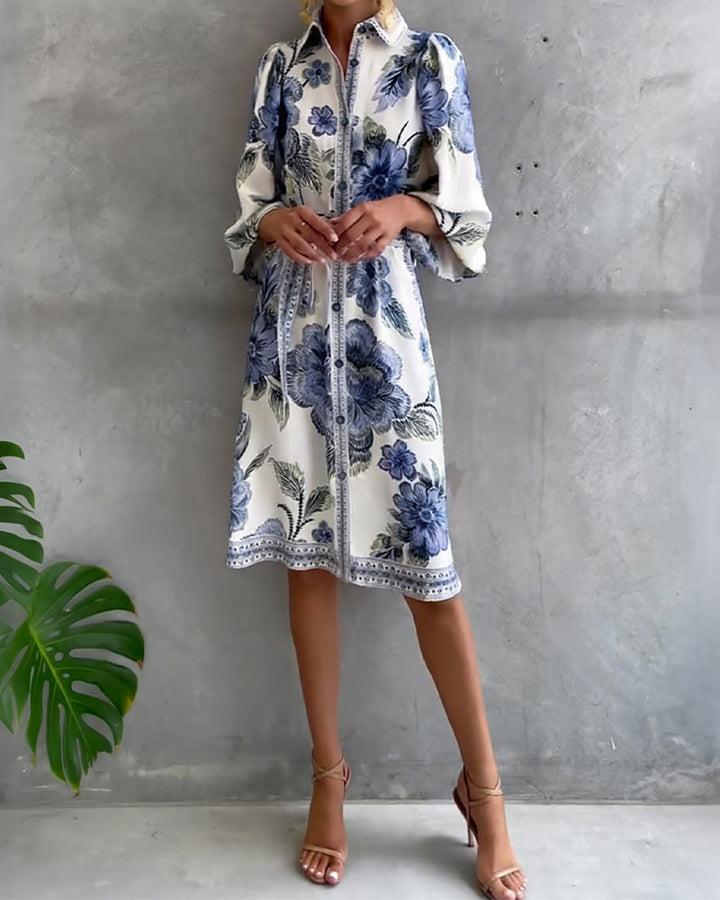 Moda primavera: Vestido de mujer floral con mangas farol y botones románticos.