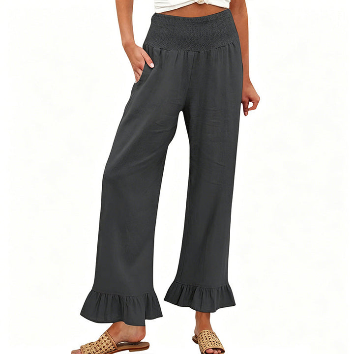 Pantalón transpirable de lino y algodón para mujer, pierna ancha y tiro alto smock, ideal para verano.