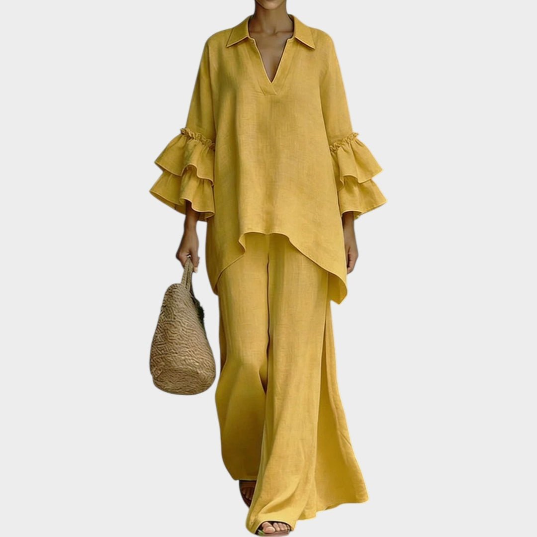 Conjunto elegante de mujer Leire. Top suelto y pantalón ancho para un estilo fluido y cómodo. Moda de dos piezas versátil.