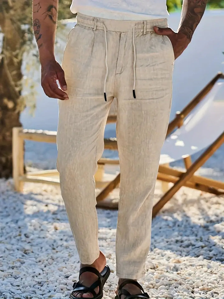 Pantalones de lino para hombre, largos, transpirables, con cordón ajustable para el verano.