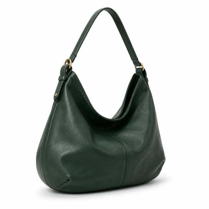 Bolso de hombro hobo en cuero vegano verde oscuro, accesorio de moda chic y práctico.