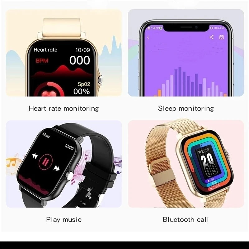 Reloj inteligente de mujer sincronizado con smartphone, gestión de apps y datos de salud.