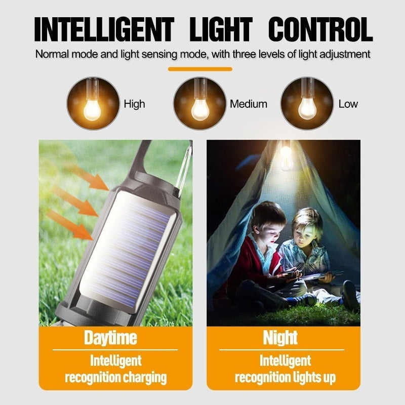 Linterna LED de camping recargable con panel solar y puerto USB, luz potente para exterior.