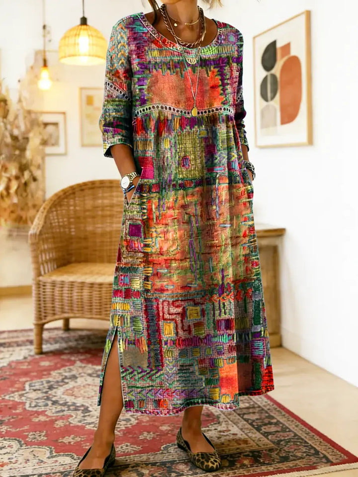 Vestido de mezclilla suelto para mujer, decorado con un patchwork étnico único.
