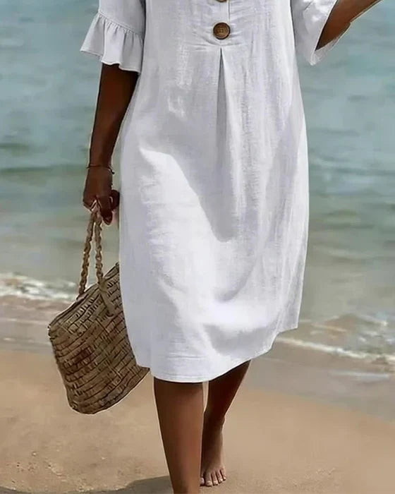Vestido de mujer fresco de algodón y lino, estilo casual de verano. Mangas abullonadas. Cómodo y holgado.