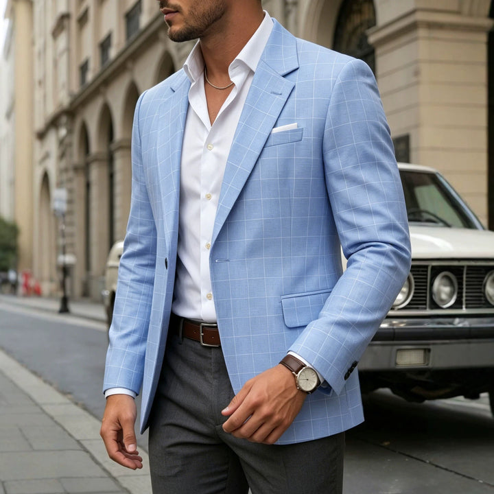 Chaqueta casual de cuadros para hombre, versátil, azul, estilo moderno y ligero.
