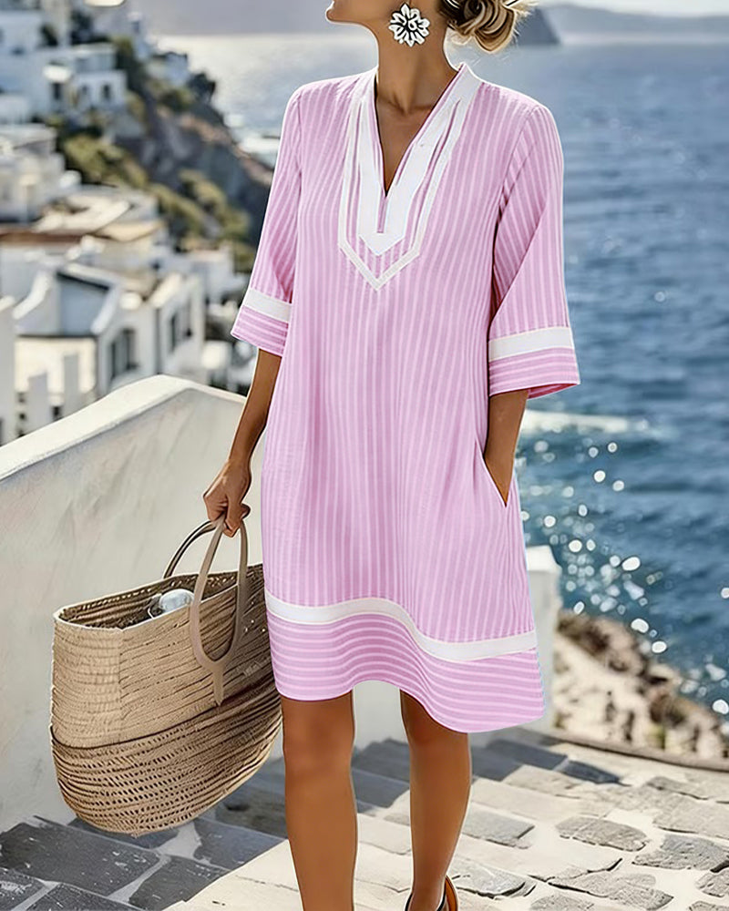 Vestido veraniego fresco y elegante de rayas con cuello V, ideal para mujer.