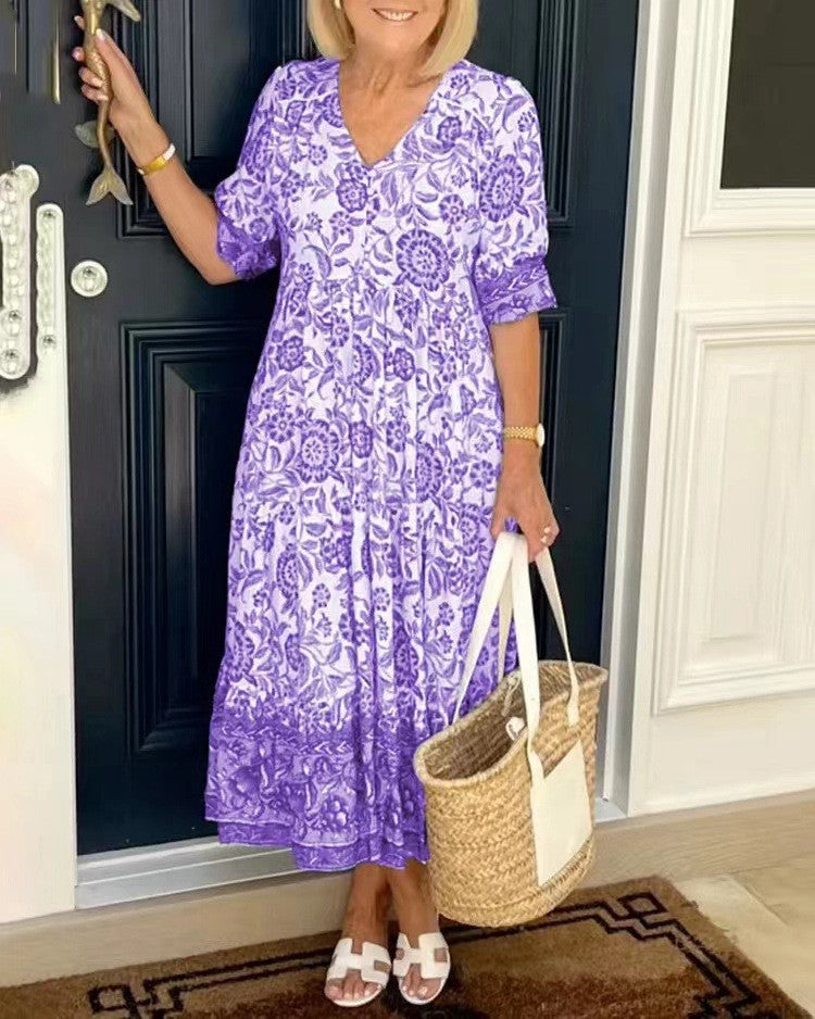 Vestido cuello V floral de mujer. Estilo línea A acampanado, elegante y fresco para verano.