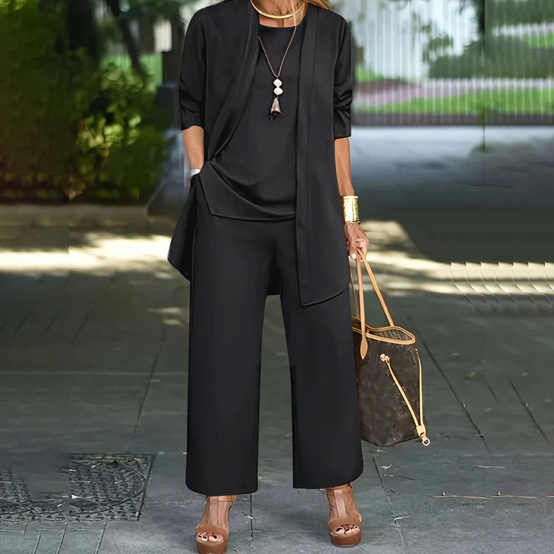 Ropa de mujer: conjunto lounge de 3 piezas con pantalón ancho y top holgado. Moda femenina versátil y elegante.