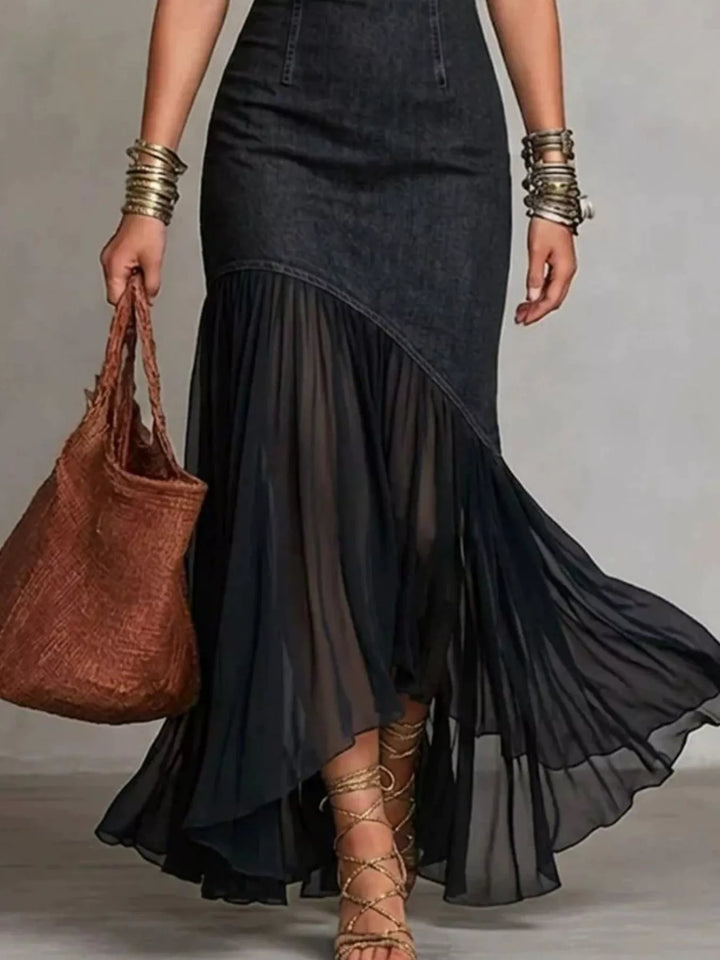 Vestido largo elegante para mujer, hombros descubiertos, volantes en el bajo. Moda veraniega de poliéster.