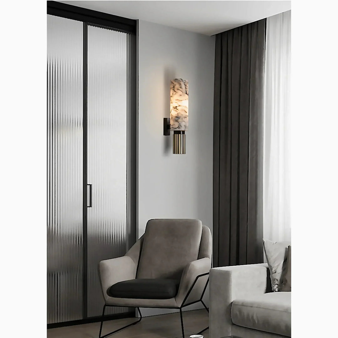 Iluminación LED de pared: aplique cilíndrico con distintivo diseño de mármol para interiores modernos.