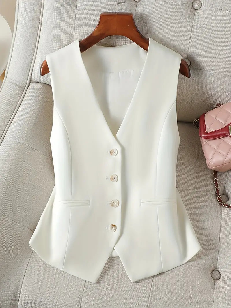 Chaleco mujer entallado elegante con escote V profundo, ideal para moda formal o estilo chic.