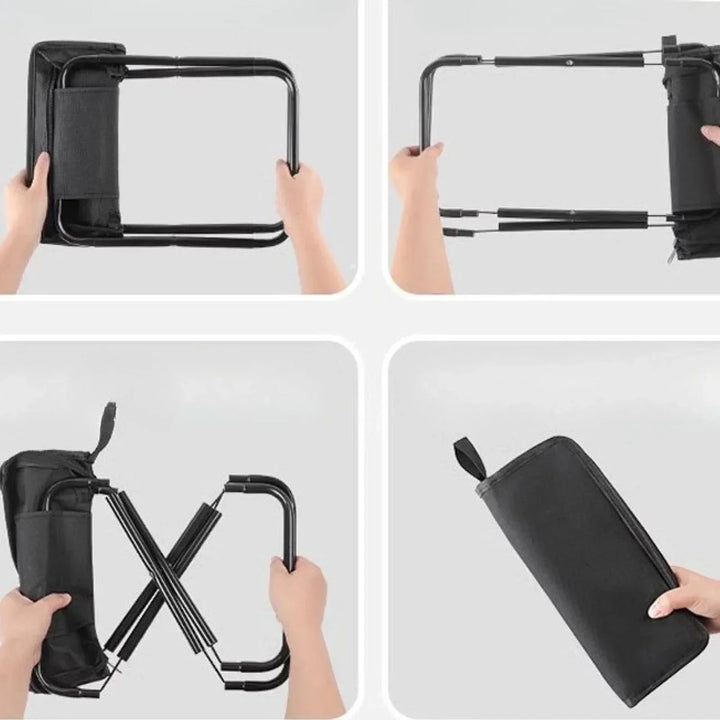 Taburete plegable abierto, listo para ofrecer un asiento cómodo y estable en cualquier terreno exterior.