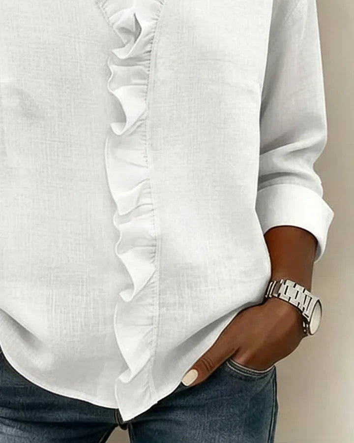 Blusa femenina de verano con escote en V, volantes y mangas largas, muy cómoda y a la moda.