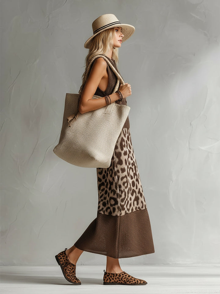 Vestido midi estampado leopardo para mujer, estilo elegante y casual. Diseño animal print versátil para día o noche.