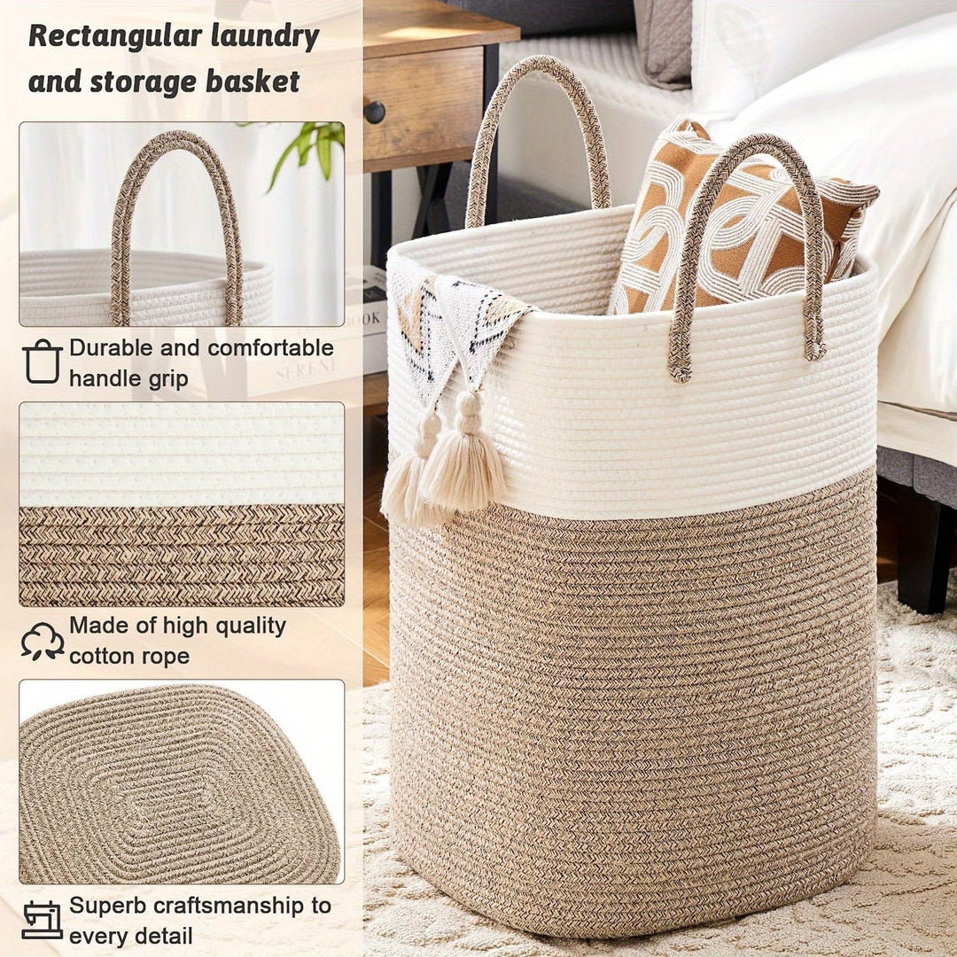 Elegante cesta tejida de algodón para ropa, perfecta para lavandería y almacenamiento en el hogar.