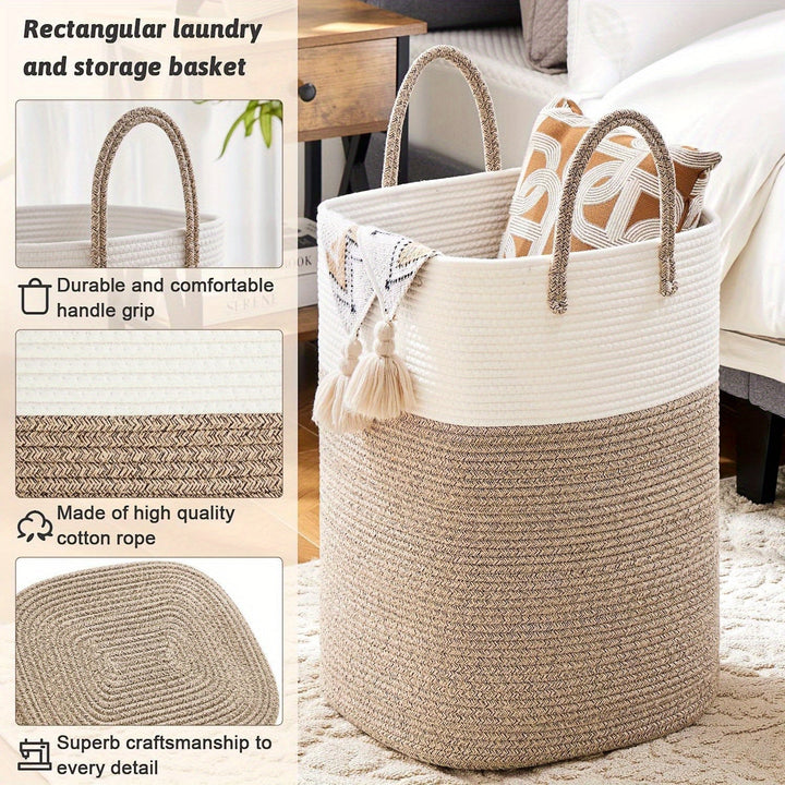 Elegante cesta tejida de algodón para ropa, perfecta para lavandería y almacenamiento en el hogar.