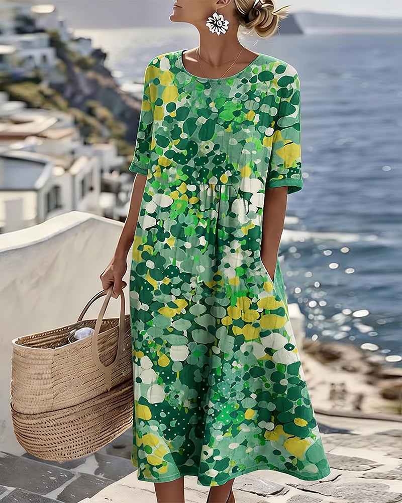 Vestido de verano midi floral, ropa femenina fresca y cómoda para días soleados.