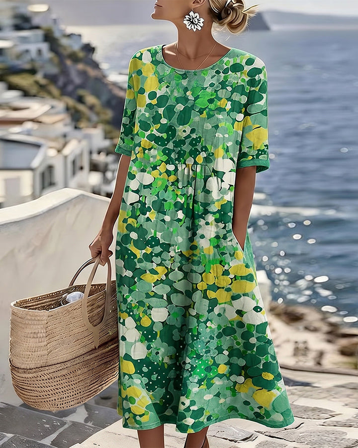 Vestido de verano midi floral, ropa femenina fresca y cómoda para días soleados.