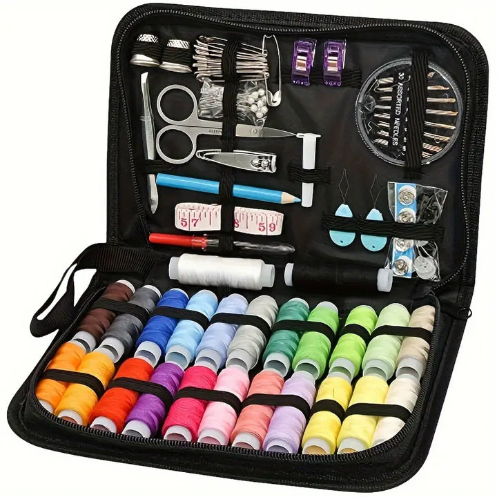 Imprescindible set de costura para hogar y viaje, incluye 98 piezas, hilos y agujas para arreglos rápidos.