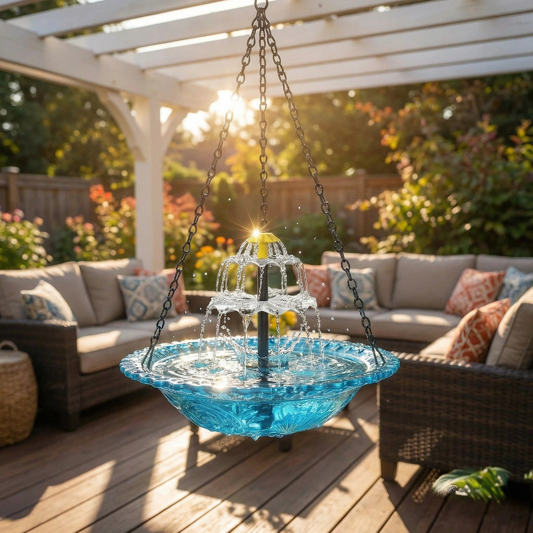 Fuente solar de cascada para jardín, creando un punto focal de agua y tranquilidad en tu patio con energía solar.