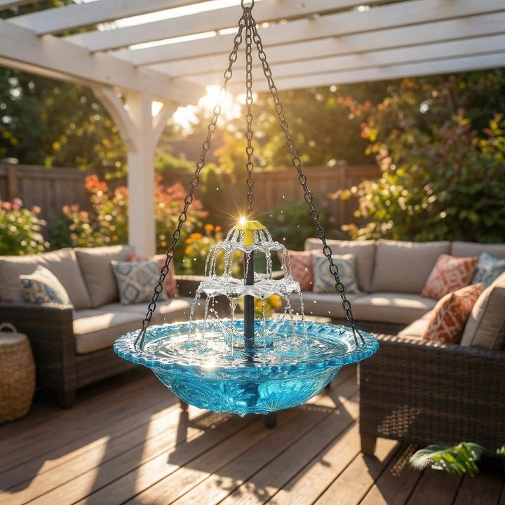 Fuente solar de cascada para jardín, creando un punto focal de agua y tranquilidad en tu patio con energía solar.