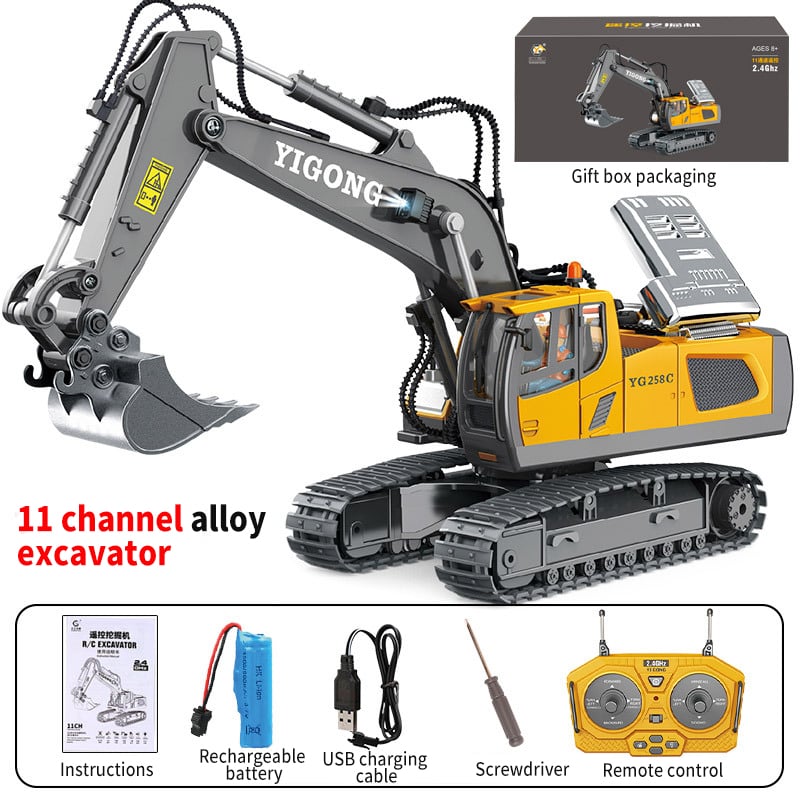 Sistema hidráulico detallado de excavadora RC 1/14. Maquinaria de construcción de control remoto con acción realista.