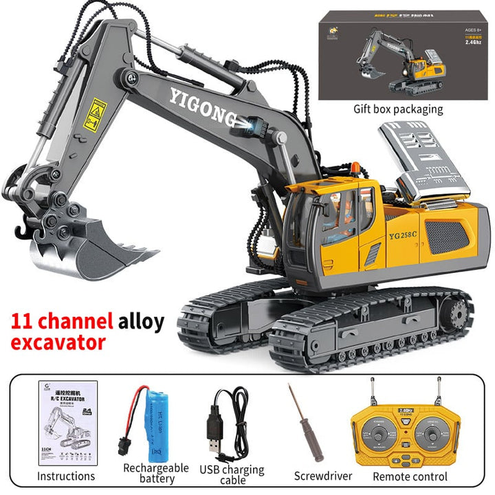 Sistema hidráulico detallado de excavadora RC 1/14. Maquinaria de construcción de control remoto con acción realista.