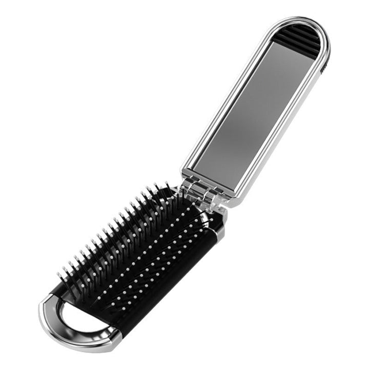 Kit de cuidado personal compacto: espejo y cepillo plegable, perfecto para viajes y uso versátil.