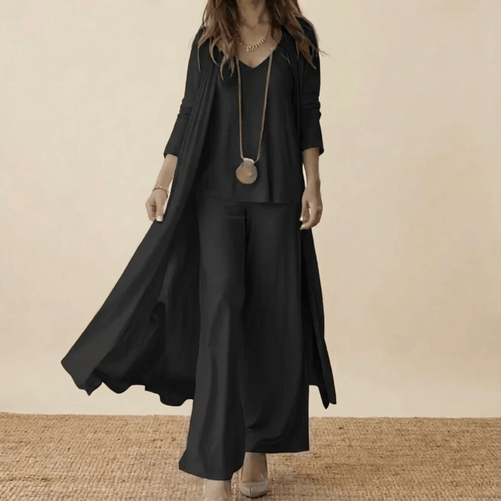 Moda femenina: Conjunto de 3 piezas con cárdigan, blusa cuello V y pantalón ancho, perfecto para un look elegante diario.