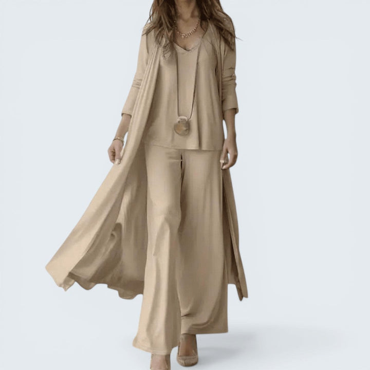 Conjunto elegante de 3 piezas para mujer: cárdigan, blusa cuello V y pantalón ancho. Moda femenina cómoda y versátil.