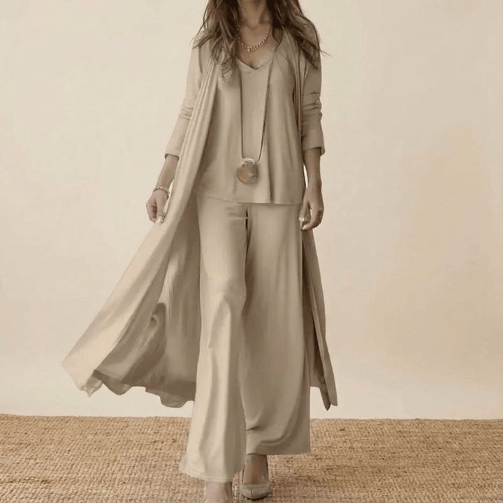 Conjunto versátil de 3 piezas para mujer: cárdigan, blusa cuello V y pantalón ancho. Ideal para look casual o elegante.