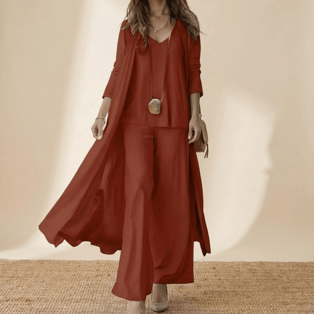 Ropa elegante de mujer: conjunto casual chic de 3 piezas con cárdigan, blusa de cuello V y pantalón ancho cómodo.