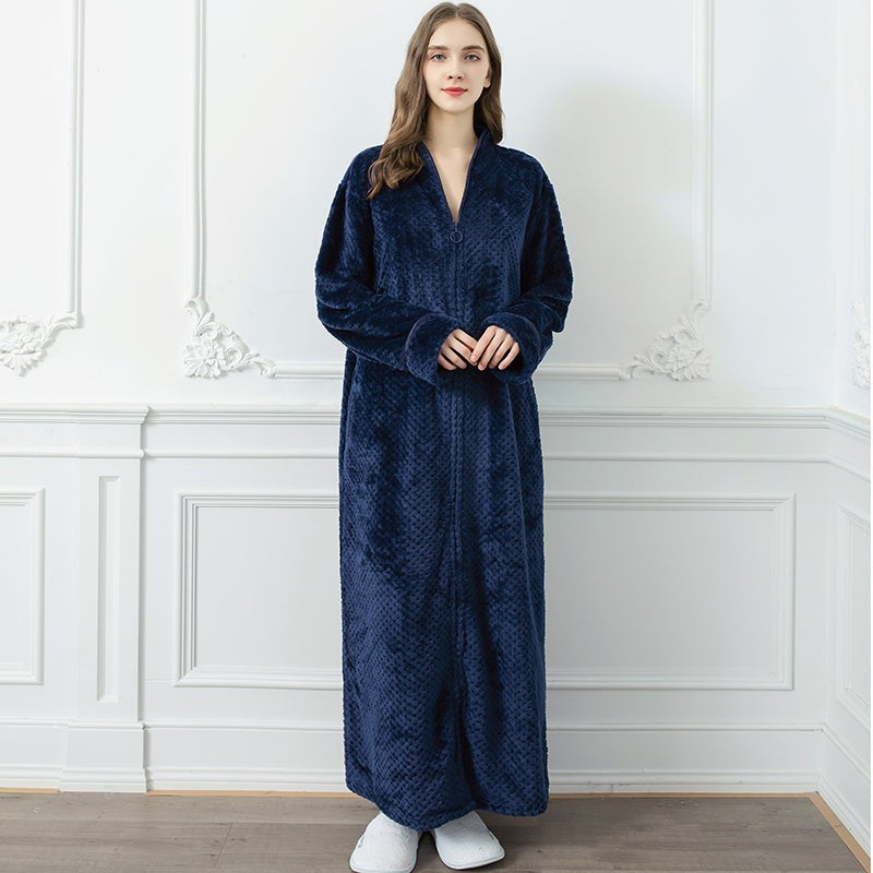 Ropa de casa: Bata larga jacquard suave para mujer, cuello chal. Calidez y estilo para el hogar.