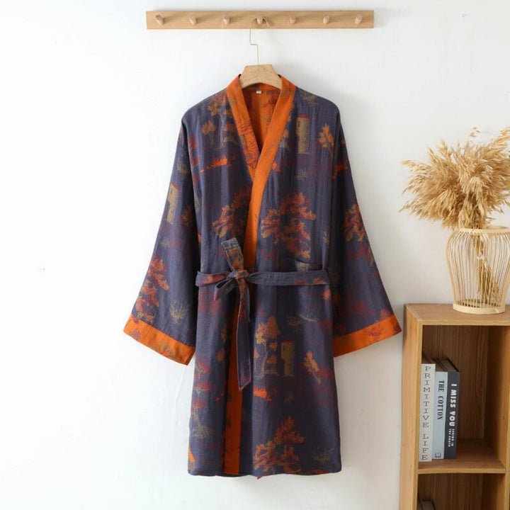 Bata kimono elegante para mujer, estilo retro, holgada, con estampado de árboles y cuello V.
