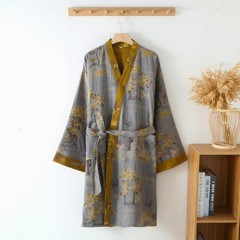 Elegante bata kimono mujer, moda femenina estilo retro con estampado de árboles. Perfecta para relajarse en casa.