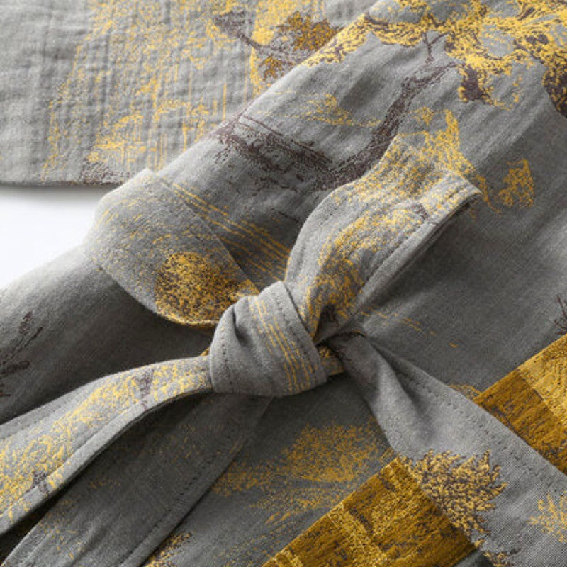 Vestido holgado tipo bata kimono para mujer, estilo retro chic, cuello V y estampado de árboles vibrante.