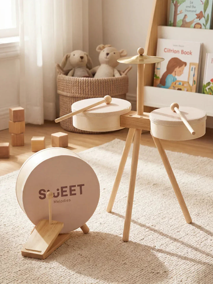 Niño feliz tocando batería musical de madera, juguete educativo para desarrollo infantil.