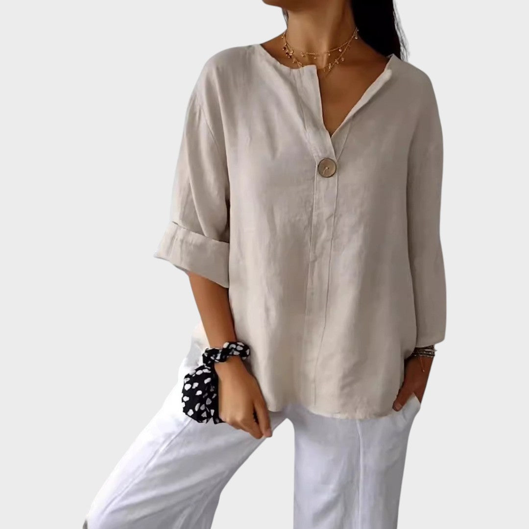 Blusa de lino holgada y transpirable para mujer, escote V. Perfecta para un look cómodo y fresco de verano.