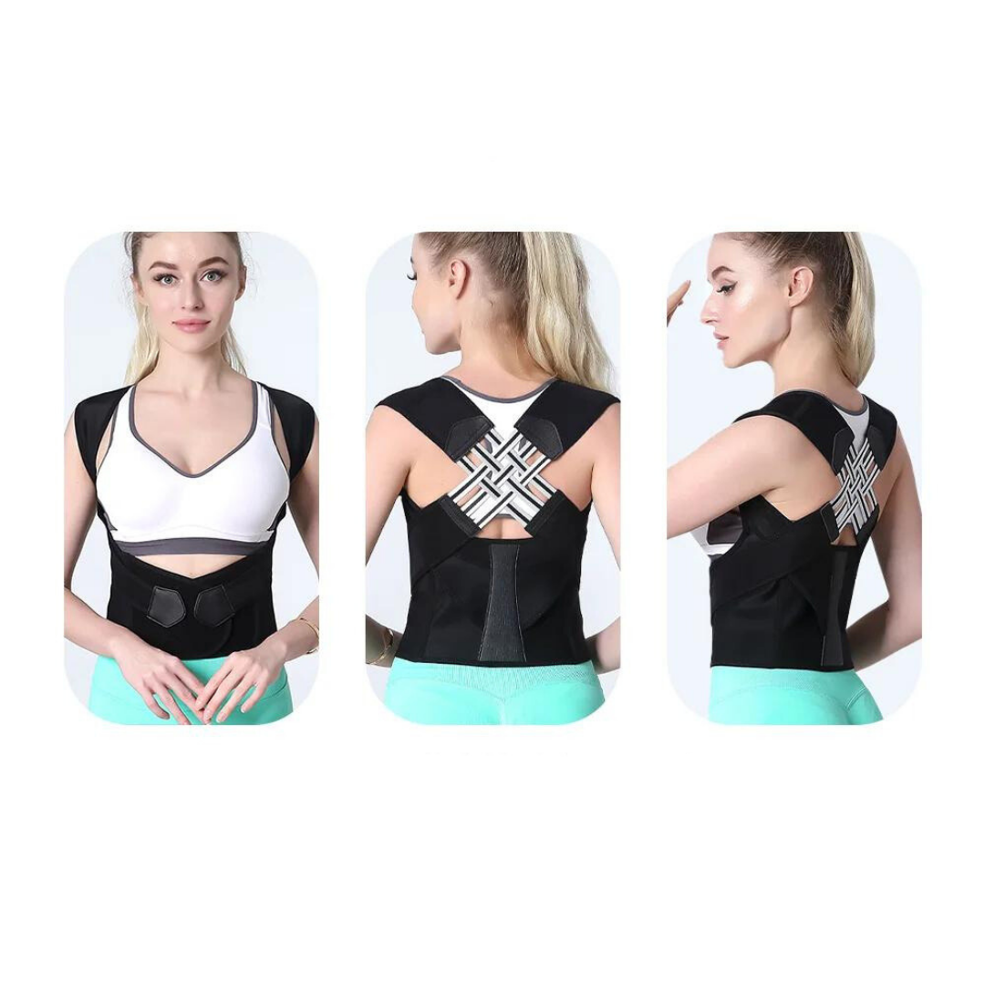 Corrector de postura unisex, vista trasera. Soporte ergonómico para espalda y cuello.