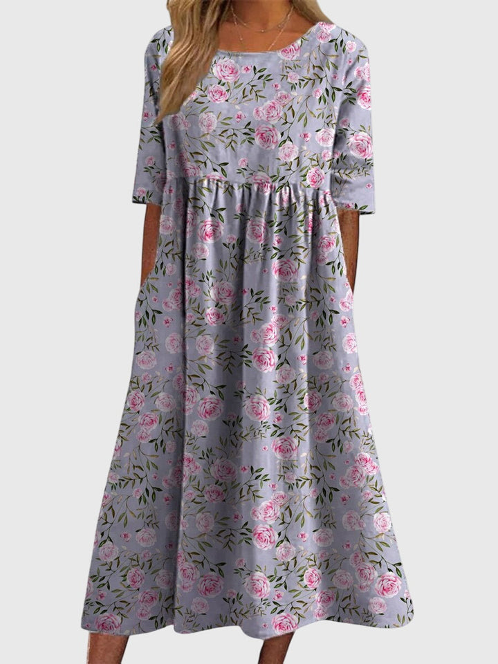 Vestido floral midi para mujer, moda casual con diseño elegante. Ropa femenina de corte suelto y muy cómoda.