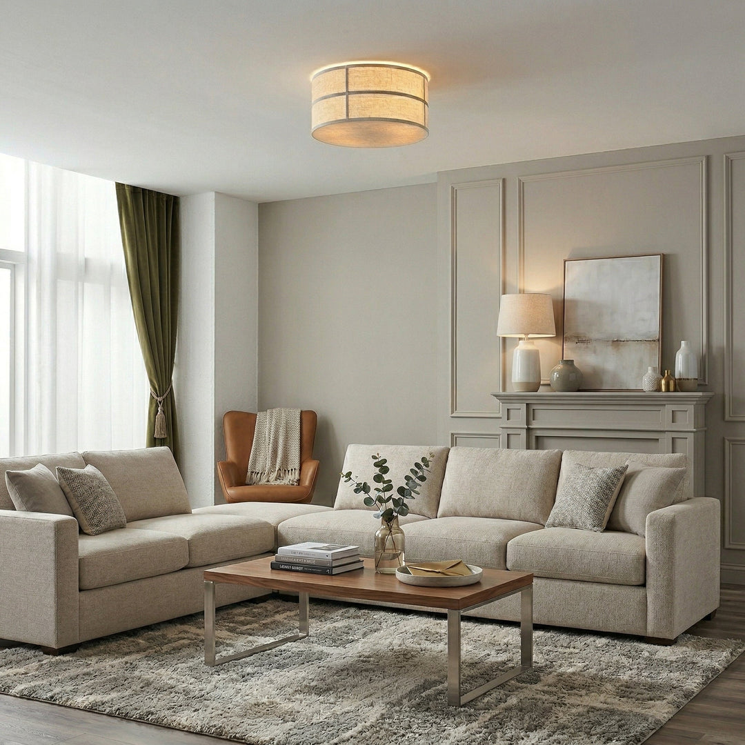 Iluminación decorativa: lámpara de techo Hashira de lino con diseño minimalista.