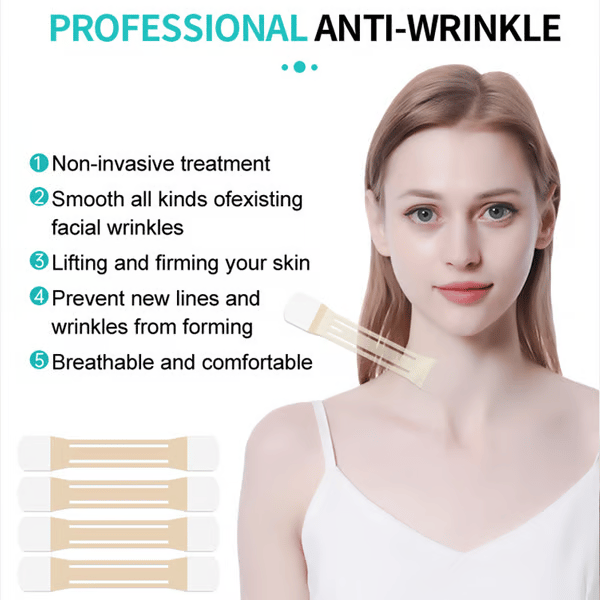 Kit de cintas antienvejecimiento para cuello y escote. Consigue firmeza y lifting facial sin cirugía, efecto cosmético.