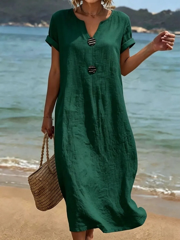 Vestido largo elegante y cómodo para mujer, con botones y efecto lino, ideal para días cálidos.