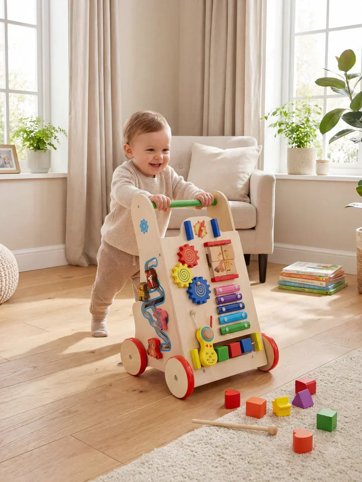 Andador correpasillos de madera para bebés con panel de actividades, ideal para primeros pasos y desarrollo motor.