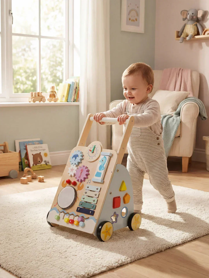 Andador de madera temática marina para bebé, con actividades didácticas que apoyan los primeros pasos y el desarrollo infantil.