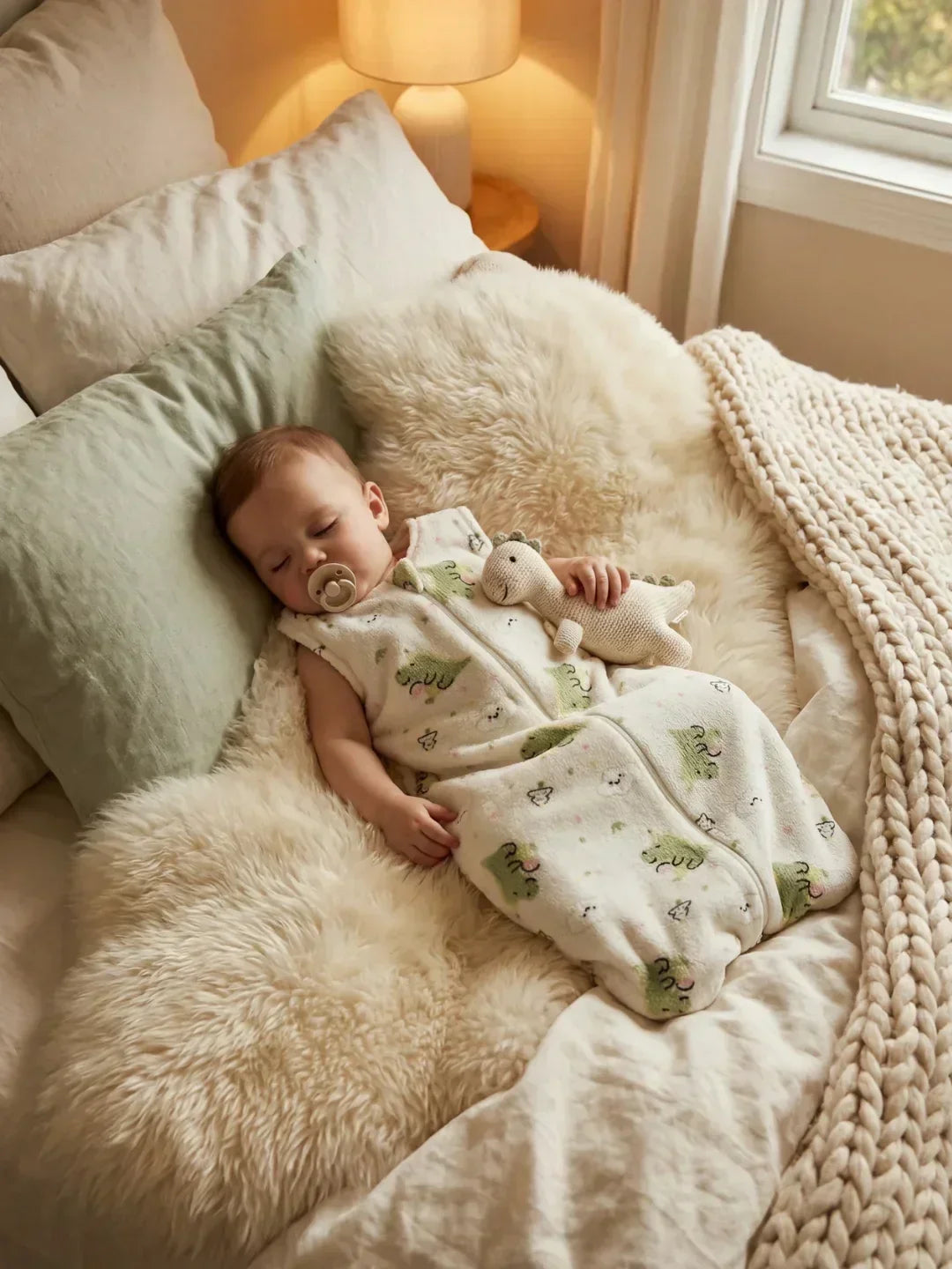 Saco de invierno para bebé con teckels beige, forro polar y cremallera de seguridad.