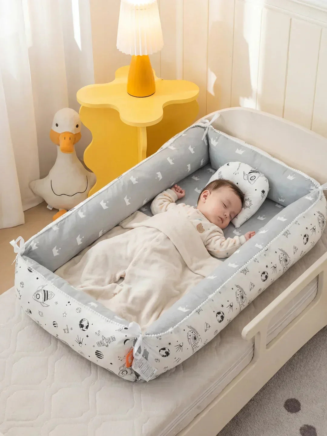 Protector cuna Nido Bebé extralargo, con cojín cervical para recién nacido. Confort y soporte premium.