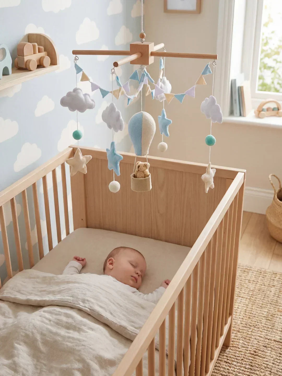 Móvil de cuna de madera, diseño minimalista para decoración infantil.